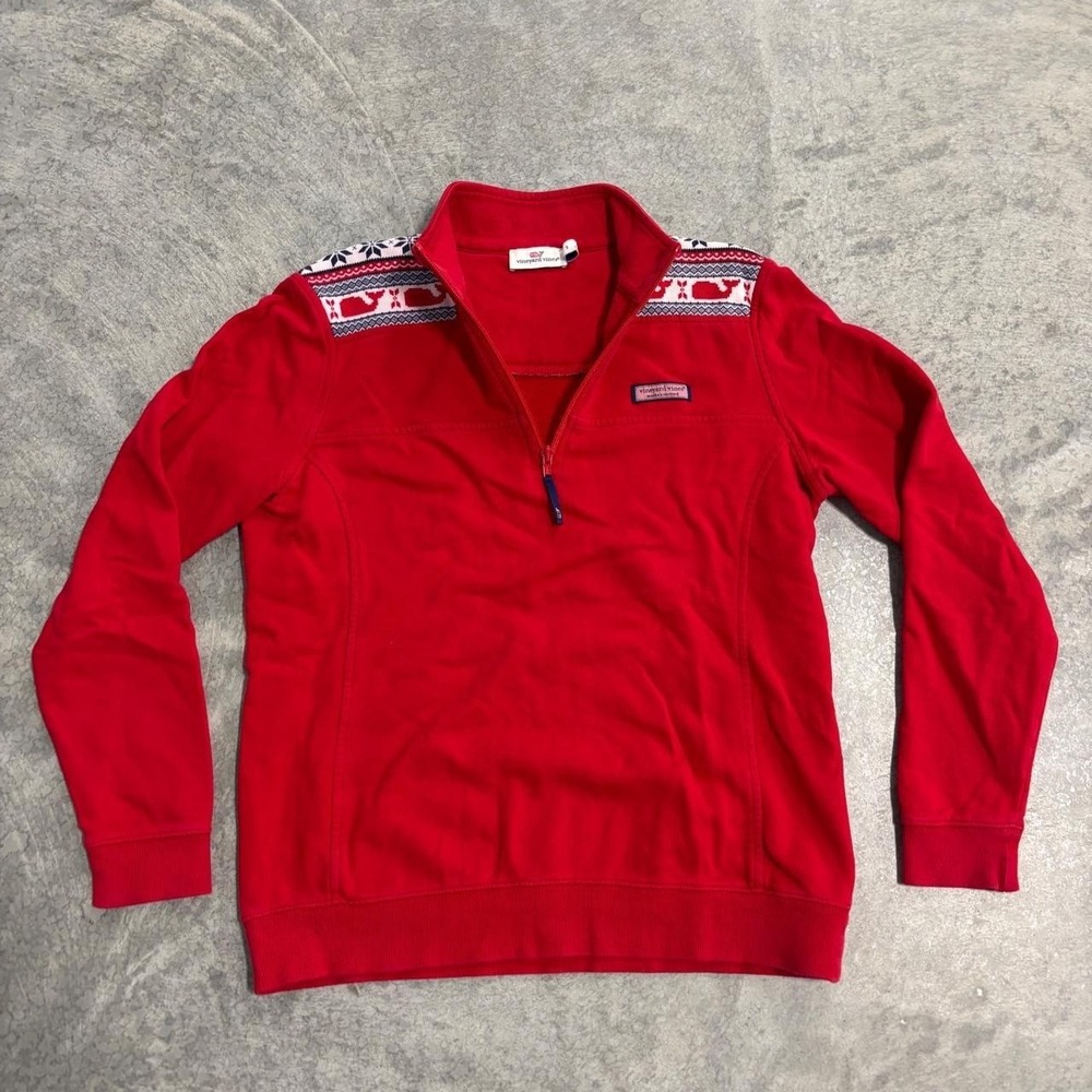 Vineyard Vines Red Quarter Zip Sweatshirt Small Geometric Collar & Cuffs